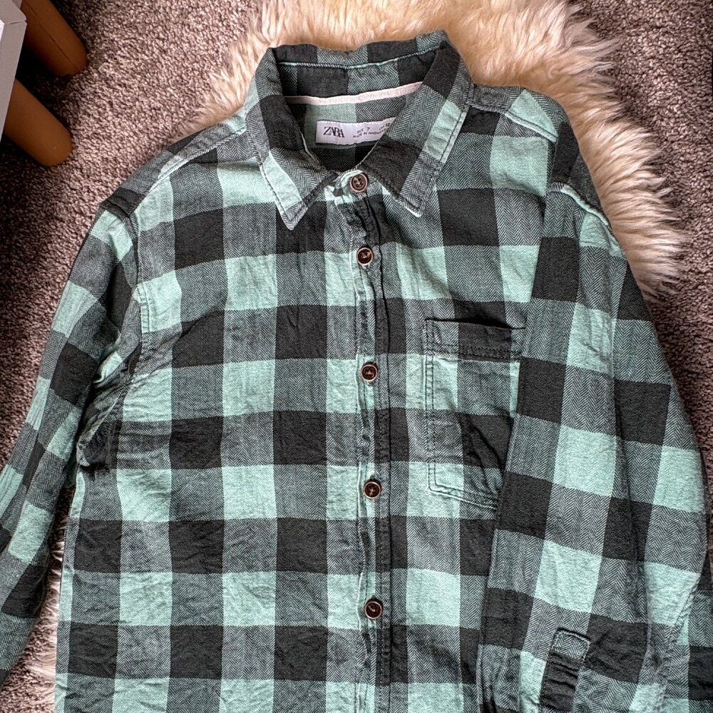 Zara Boys Green Plaid Flannel Shirt